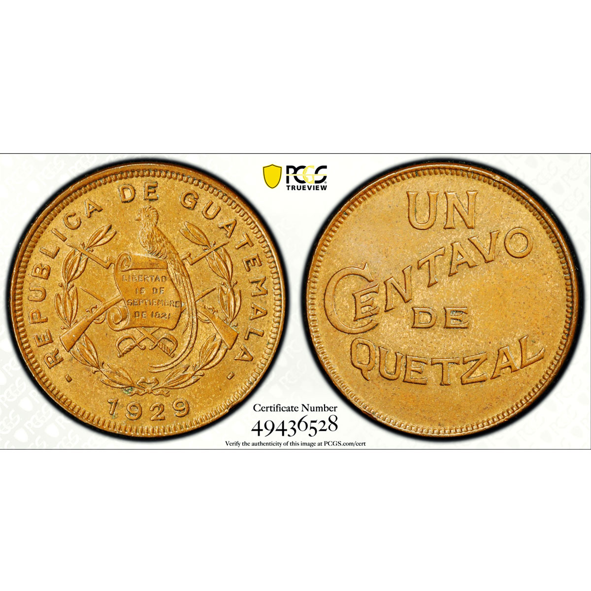 Guatemala 1 centavo Regular Coinage KM-247 MS63 PCGS bronze coin 1929