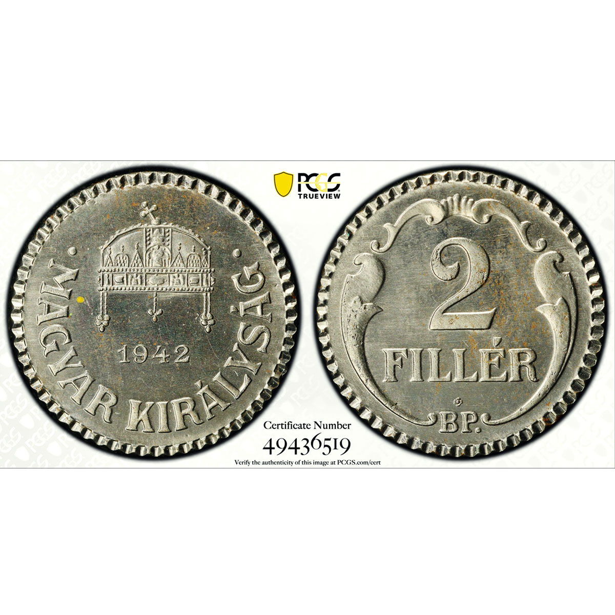 Hungary 2 filler Miklos Horthy RESTRIKE PROOF Variety KM-518 PR66 PCGS coin 1942