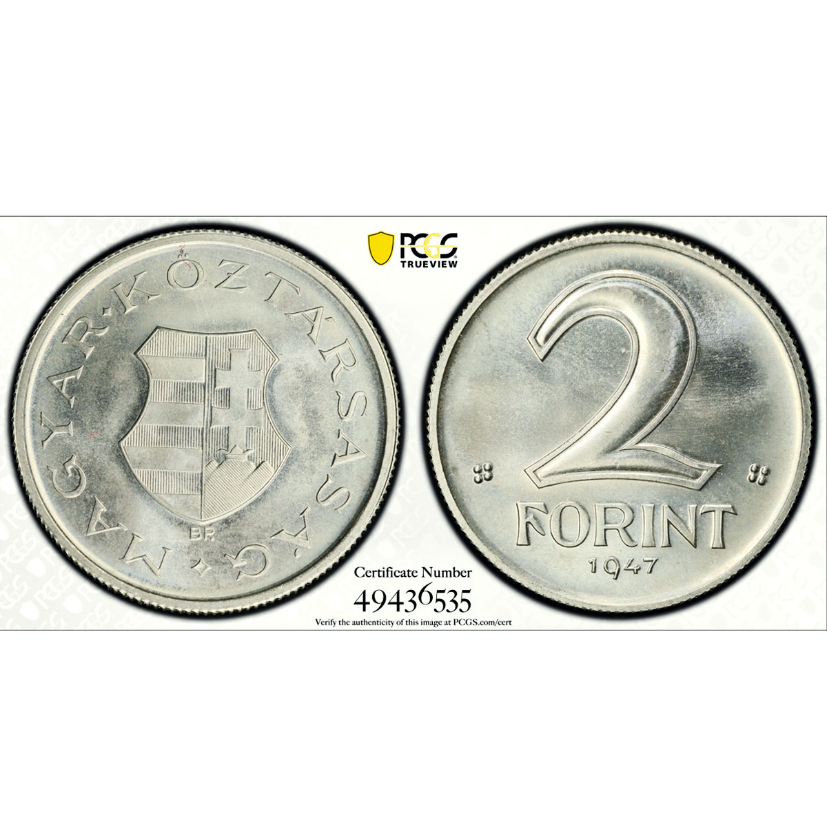 Hungary 2 forint Republic Coinage KM-533 MS65 PCGS aluminum coin 1947