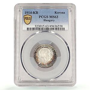 Hungary 1 korona Crown Josef Franz I Coinage KM-492 MS63 PCGS silver coin 1914