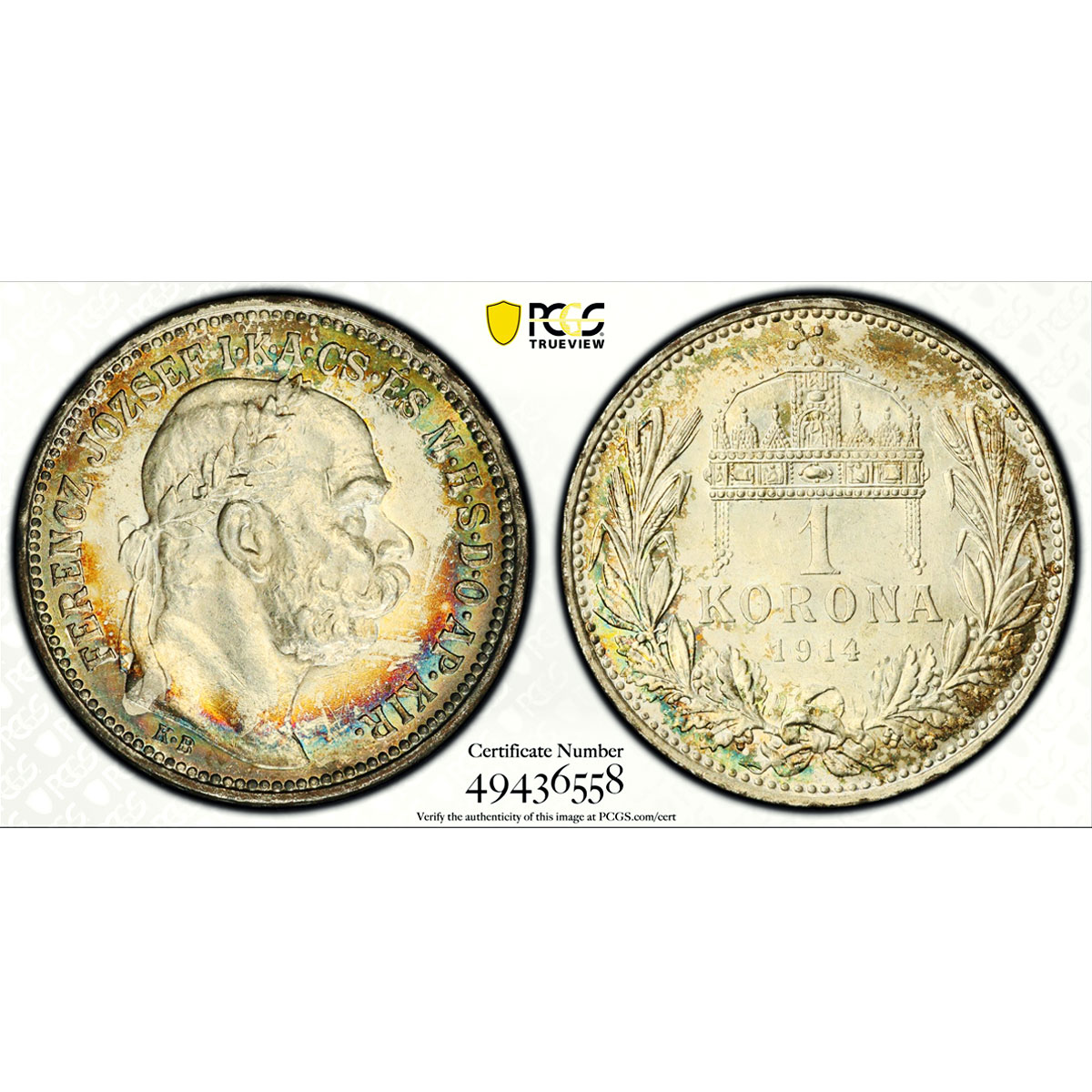 Hungary 1 korona Crown Josef Franz I Coinage KM-492 MS63 PCGS silver coin 1914