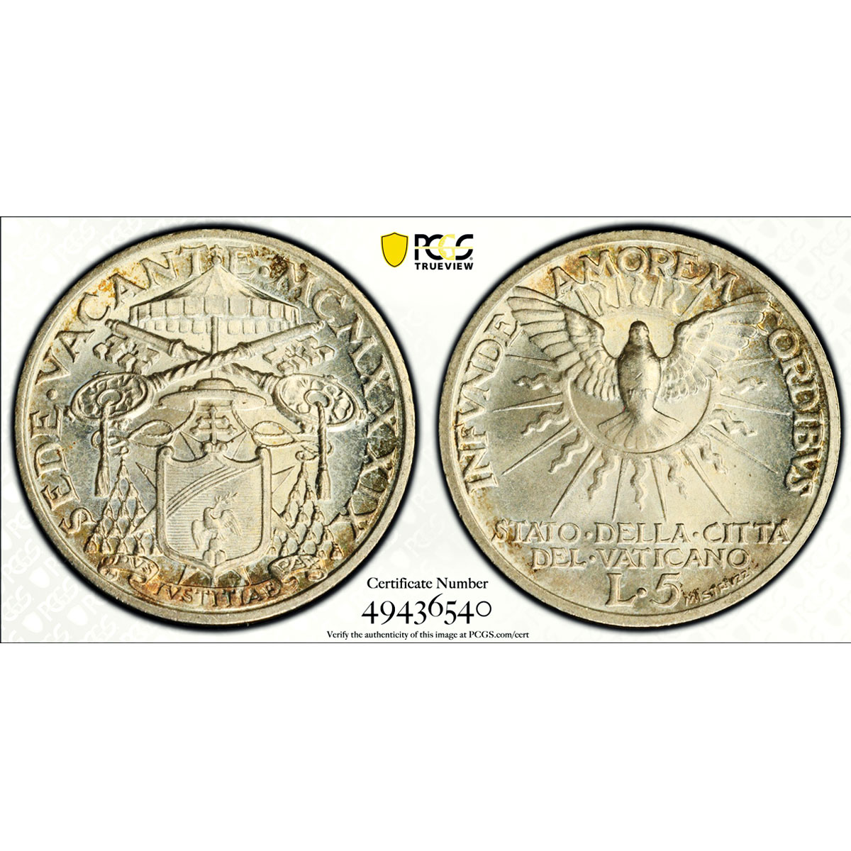 Italy Vatican 5 lire Sede Vacante Dove Bird Sun KM-20 MS67 PCGS silver coin 1939
