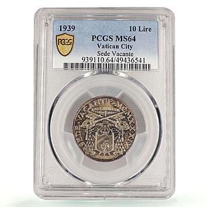 Italy Vatican 10 lire Sede Vacante Dove Sun KM-21 MS64 PCGS silver coin 1939