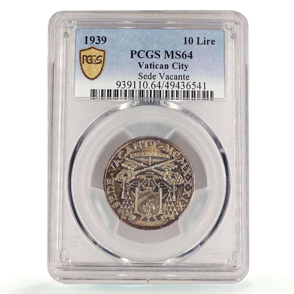 Italy Vatican 10 lire Sede Vacante Dove Sun KM-21 MS64 PCGS silver coin 1939