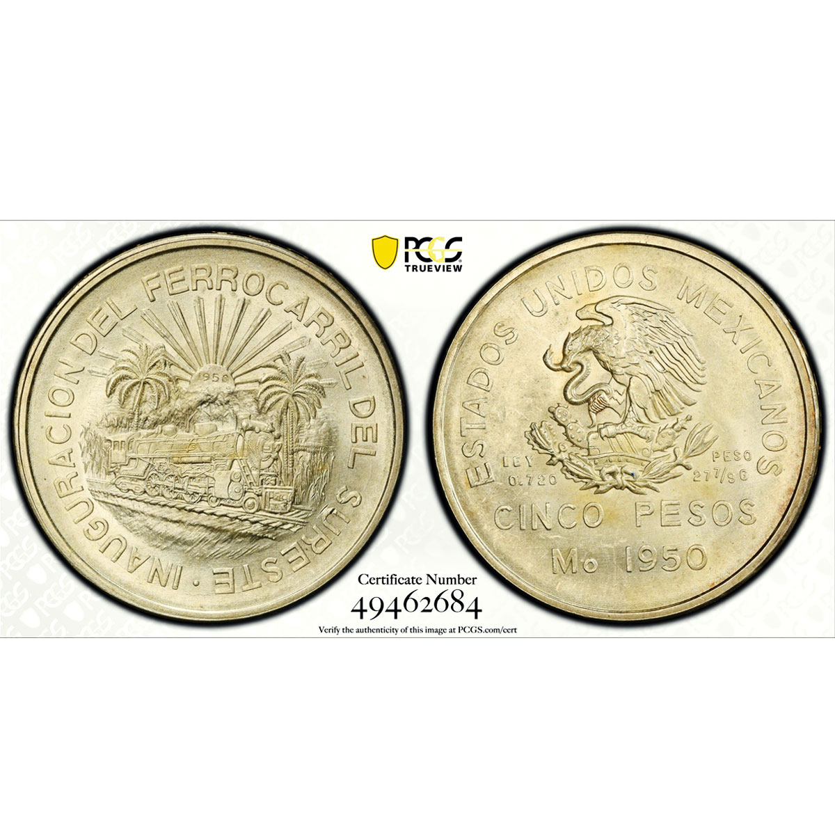 Mexico 5 pesos Southeastern Railroad Opening Train MS65 PCGS silver coin 1950