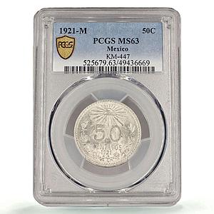 Mexico 50 centavos Independence Libertad Cap KM-447 MS63 PCGS silver coin 1921
