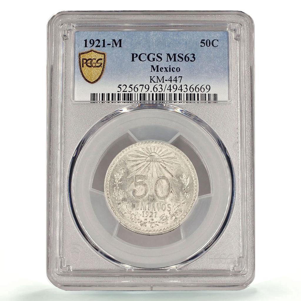Mexico 50 centavos Independence Libertad Cap KM-447 MS63 PCGS silver coin 1921