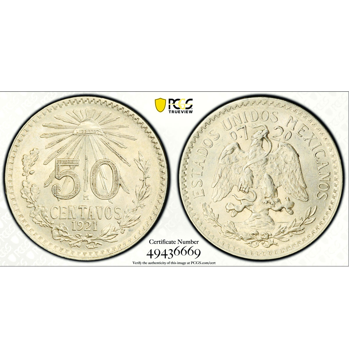 Mexico 50 centavos Independence Libertad Cap KM-447 MS63 PCGS silver coin 1921