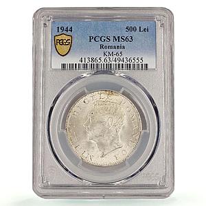 Romania 500 lei King Mihai Michael I Coinage KM-65 MS63 PCGS silver coin 1944