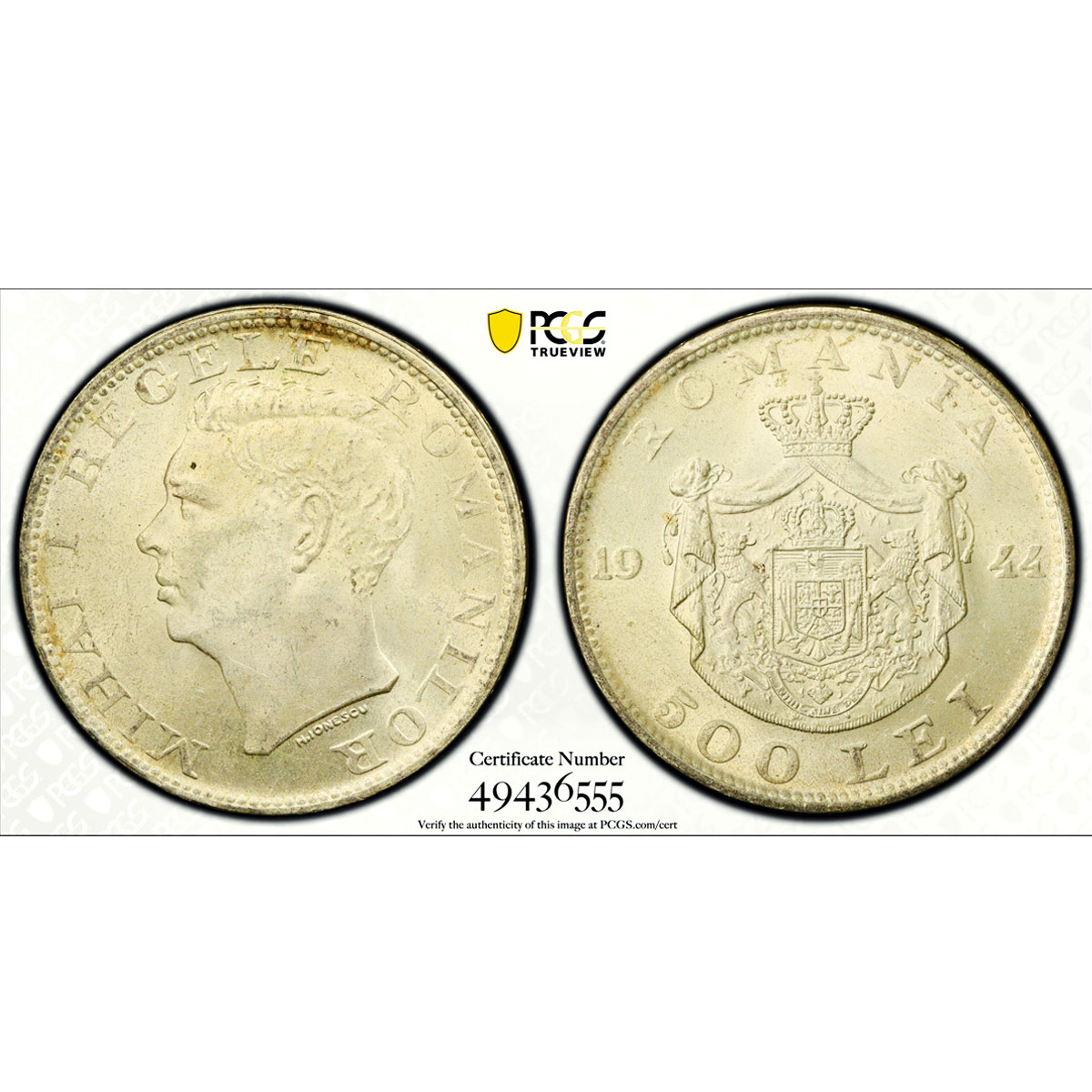 Romania 500 lei King Mihai Michael I Coinage KM-65 MS63 PCGS silver coin 1944