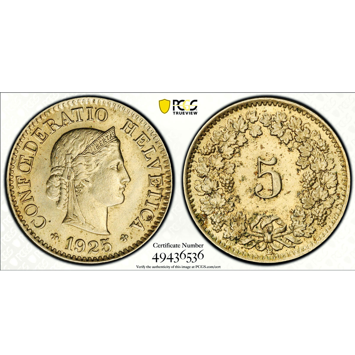 Switzerland 5 rappen Regular Coinage Libertas KM-26 MS63 PCGS CuNi coin 1925