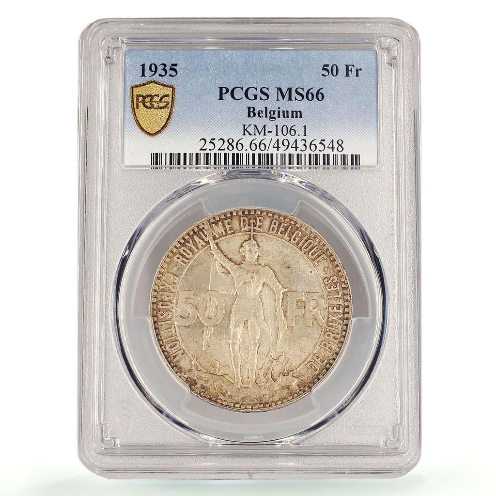 Belgium 50 francs Brussels Expo Railways KM-106.1 MS66 PCGS silver coin 1935
