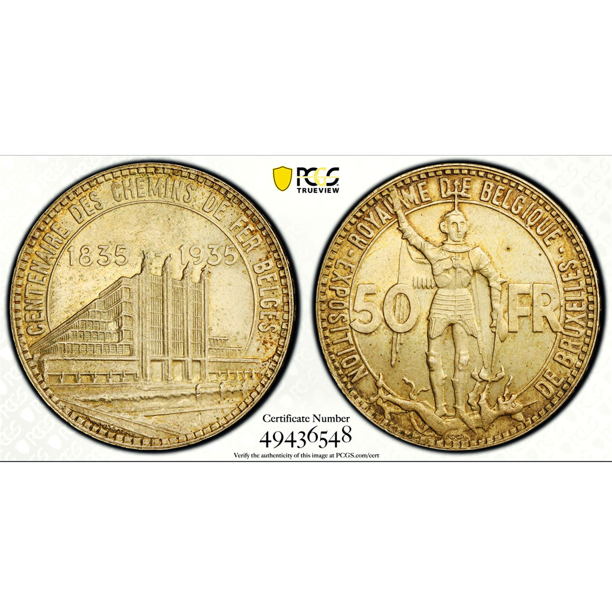 Belgium 50 francs Brussels Expo Railways KM-106.1 MS66 PCGS silver coin 1935