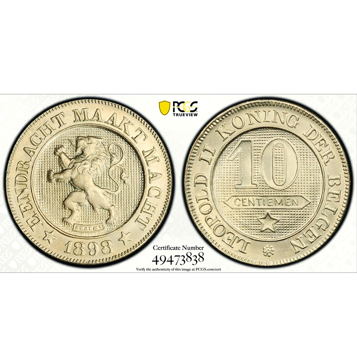 Belgium 10 centimes Leopold II Coinage Lion Arms KM-42 MS66 PCGS CuNi coin 1898