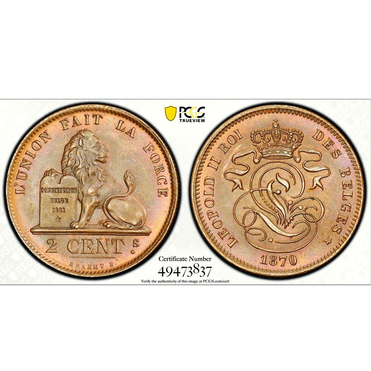 Belgium 2 cents Leopold II Coinage Lion Arms French Legend MS64 PCGS coin 1870