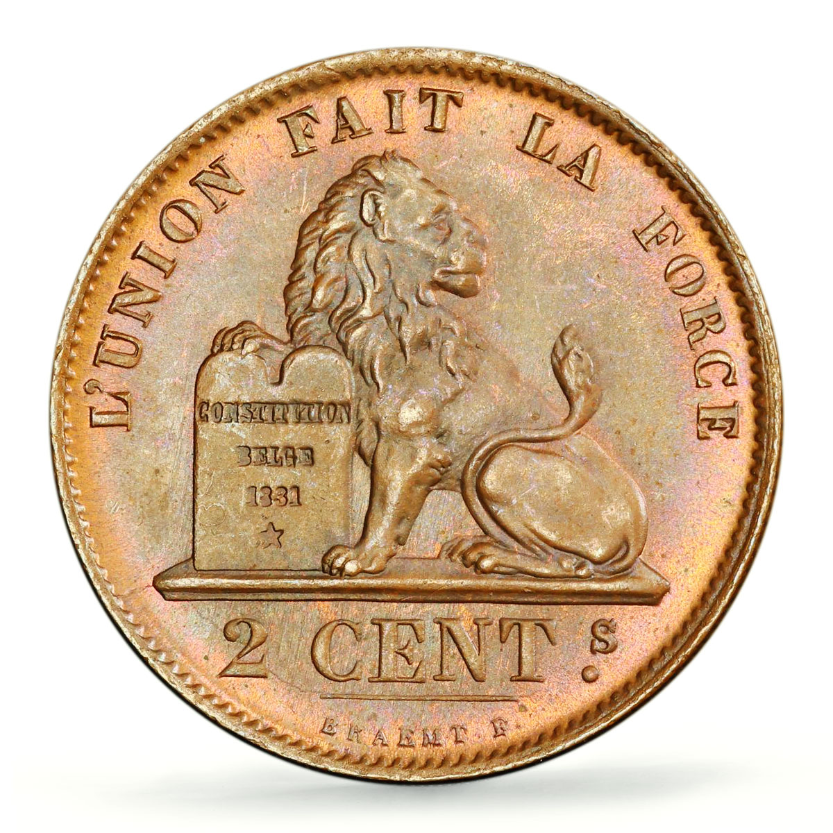 Belgium 2 cents Leopold II Coinage Lion Arms French Legend MS64 PCGS coin 1870