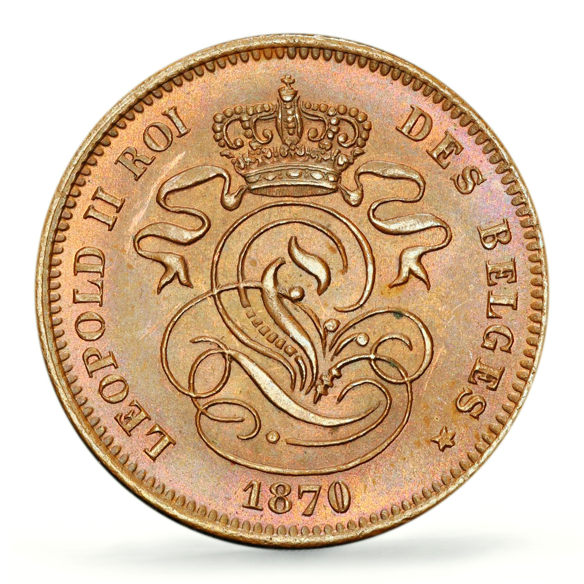 Belgium 2 cents Leopold II Coinage Lion Arms French Legend MS64 PCGS coin 1870