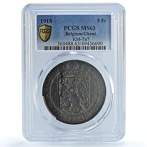 Belgium Ghent 5 franken German Occupation Coinage KM-Tn7 MS63 PCGS coin 1918
