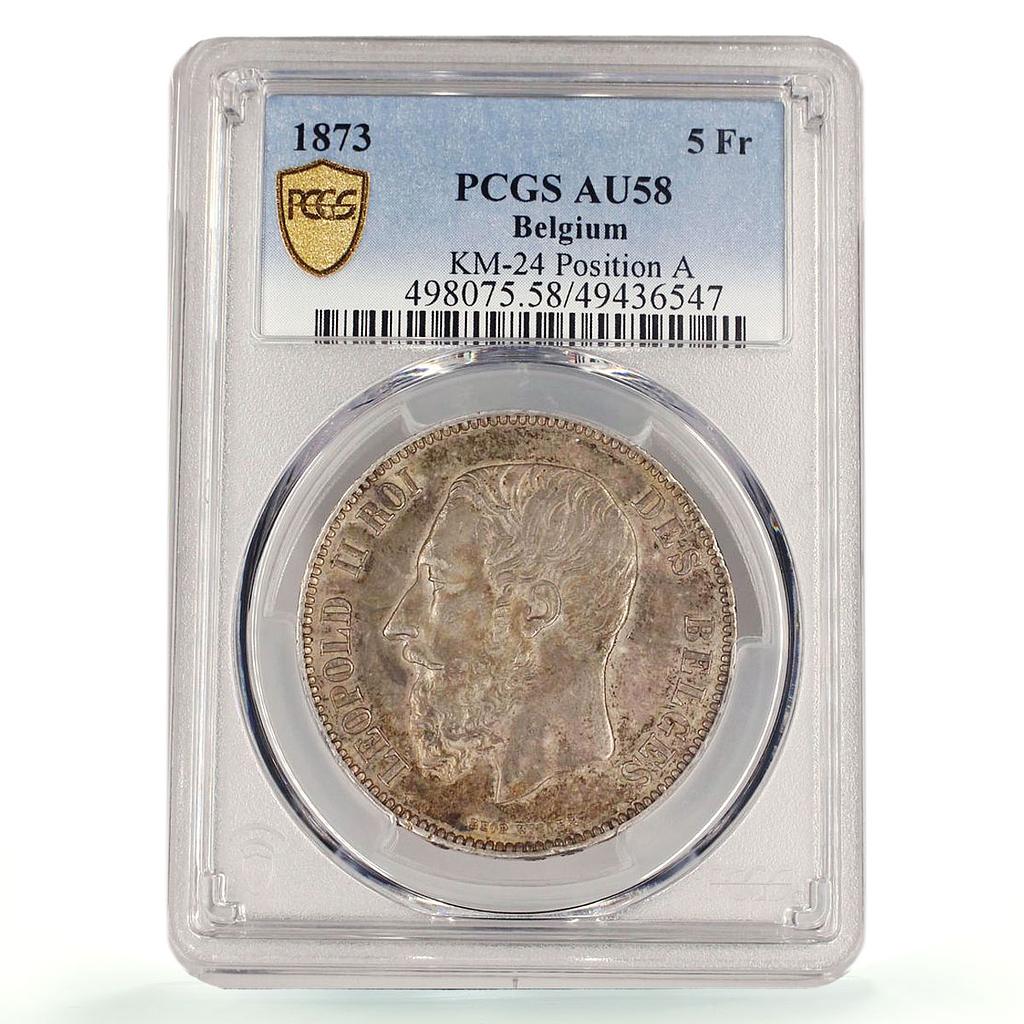 Belgium 5 francs Leopold II Coinage Position A KM-24 AU58 PCGS silver coin 1873