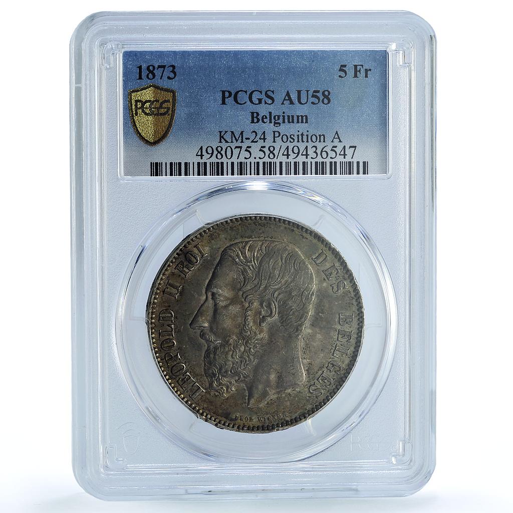 Belgium 5 francs Leopold II Coinage Position A KM-24 AU58 PCGS silver coin 1873 Belgium 5 francs Leopold II Coinage Position A KM-24 AU58 PCGS silver coin 1873