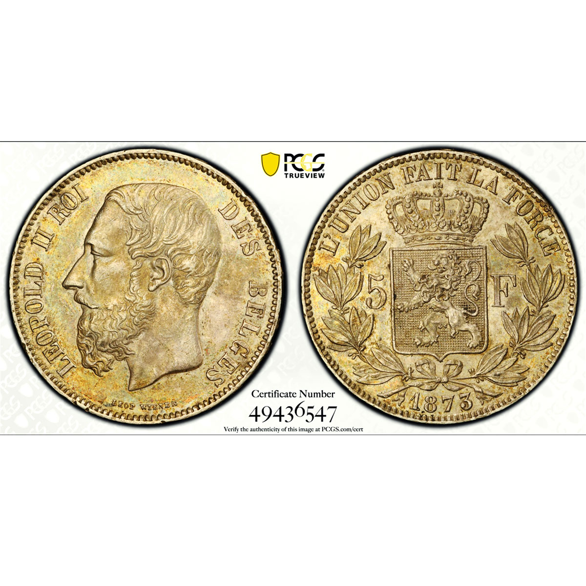 Belgium 5 francs Leopold II Coinage Position A KM-24 AU58 PCGS silver coin 1873