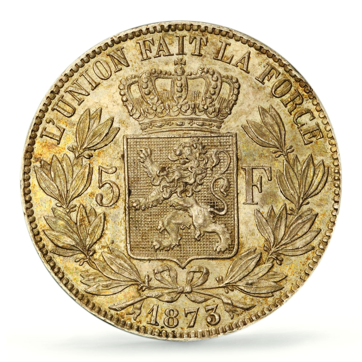 Belgium 5 francs Leopold II Coinage Position A KM-24 AU58 PCGS silver coin 1873