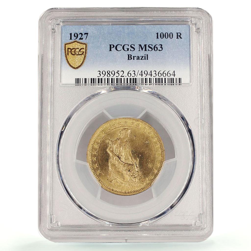 Brazil 1000 reis Regular Coinage Liberty KM-525 MS63 PCGS AlBronze coin 1927