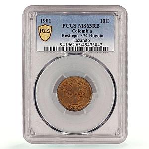 Colombia 10 centavo Leprosarium Coinage Lazareto KM-L3 MS63 PCGS brass coin 1901