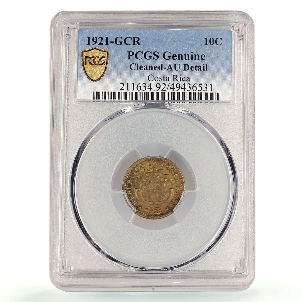 Costa Rica 10 centimos First Republic Coinage KM-152 AU PCGS brass coin 1921