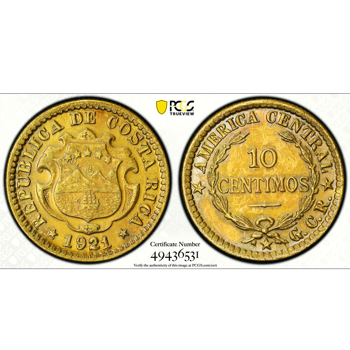 Costa Rica 10 centimos First Republic Coinage KM-152 AU PCGS brass coin 1921