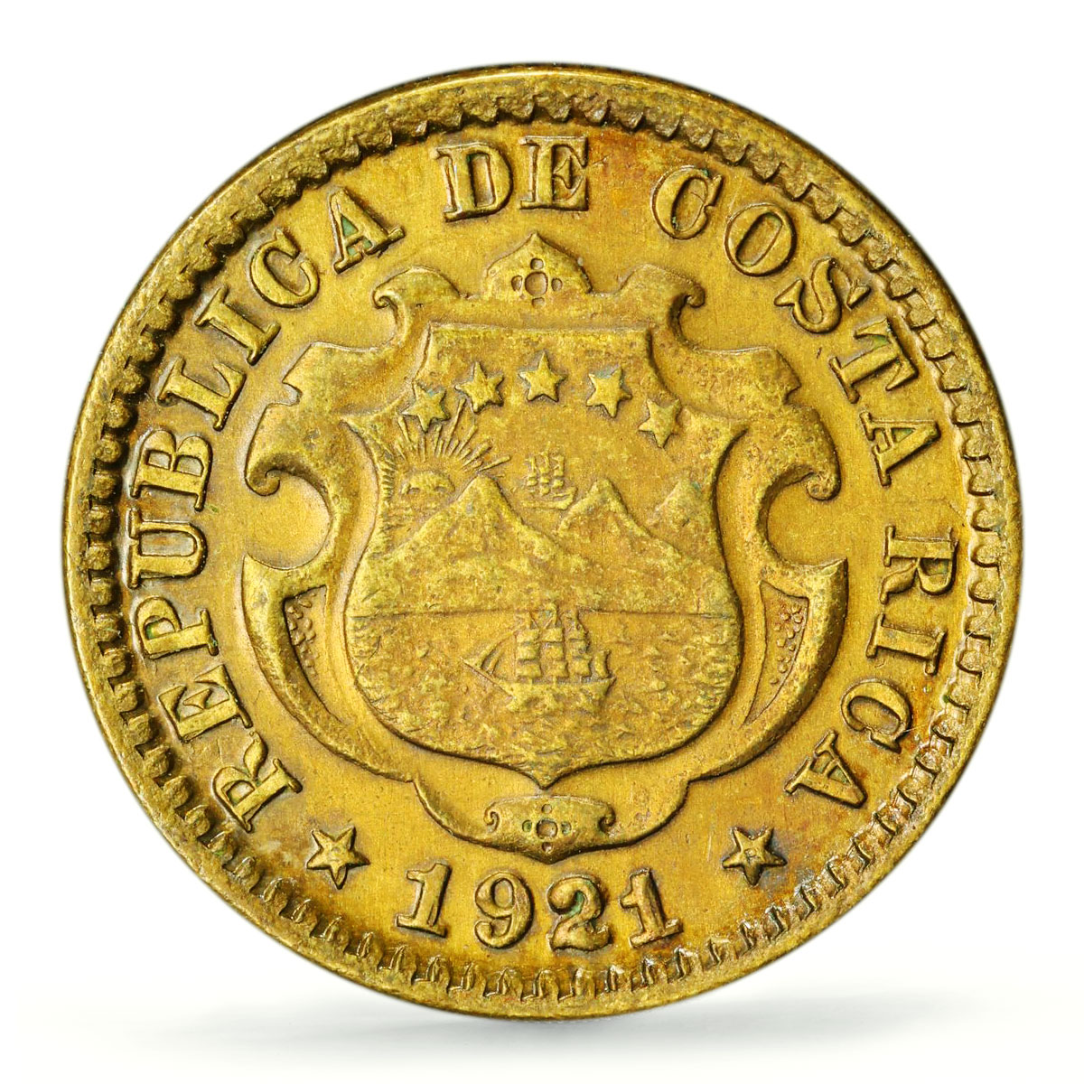 Costa Rica 10 centimos First Republic Coinage KM-152 AU PCGS brass coin 1921