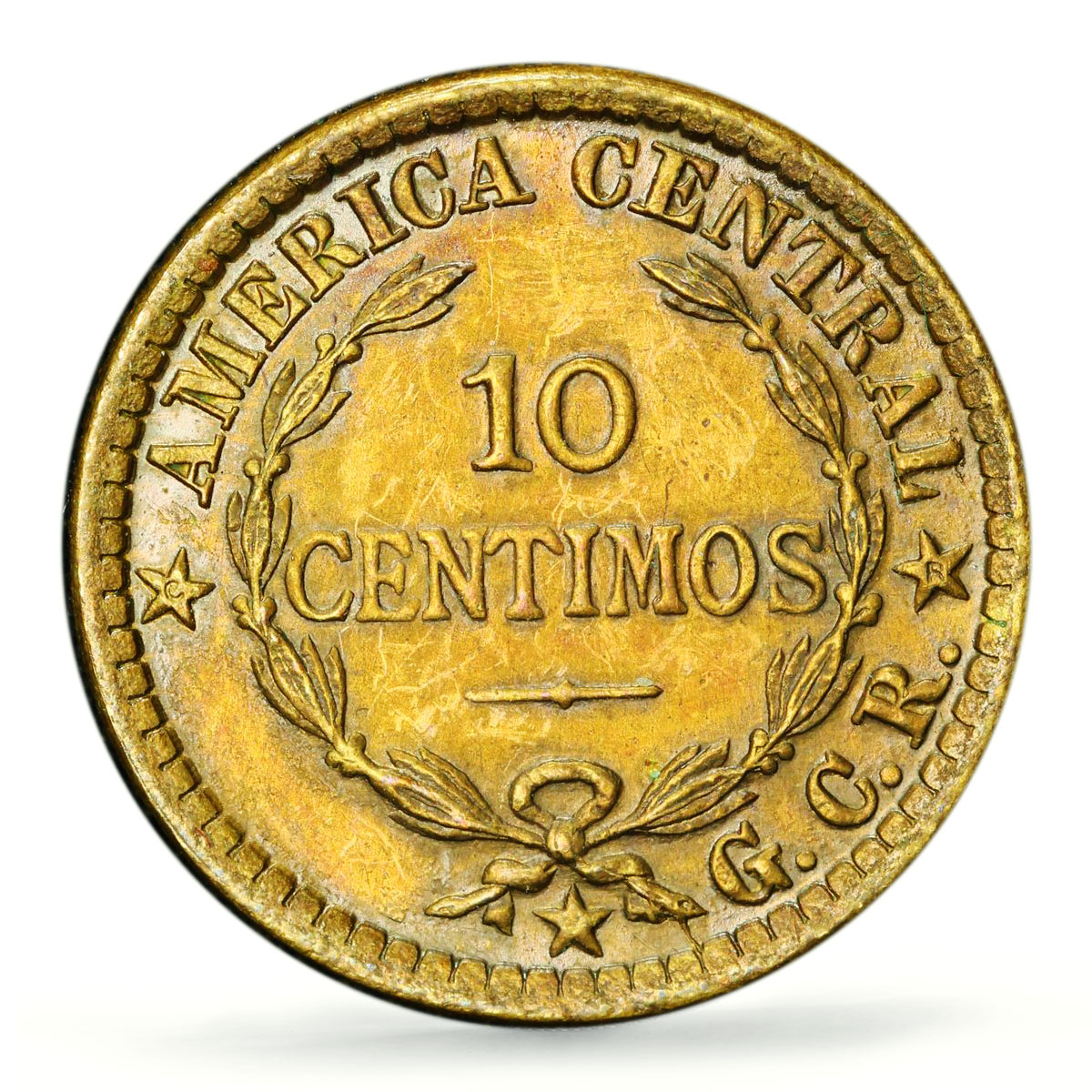 Costa Rica 10 centimos First Republic Coinage KM-152 AU PCGS brass coin 1921