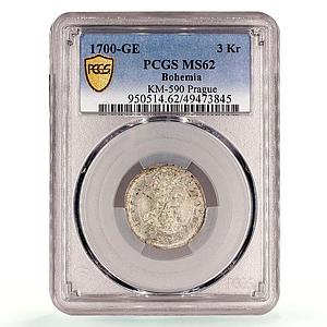Czech Bohemia 3 kreuzers Leopold II Prague KM-590 MS62 PCGS silver coin 1700