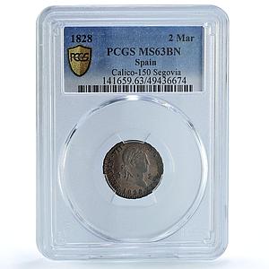 Spain 2 maravedis Fernando Ferdinand VII KM-487 MS63 PCGS copper coin 1828