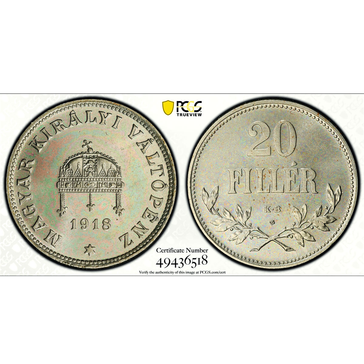Hungary 20 filler Charles IV RESTRIKE PROOF Variety KM-498 PR66 PCGS coin 1918