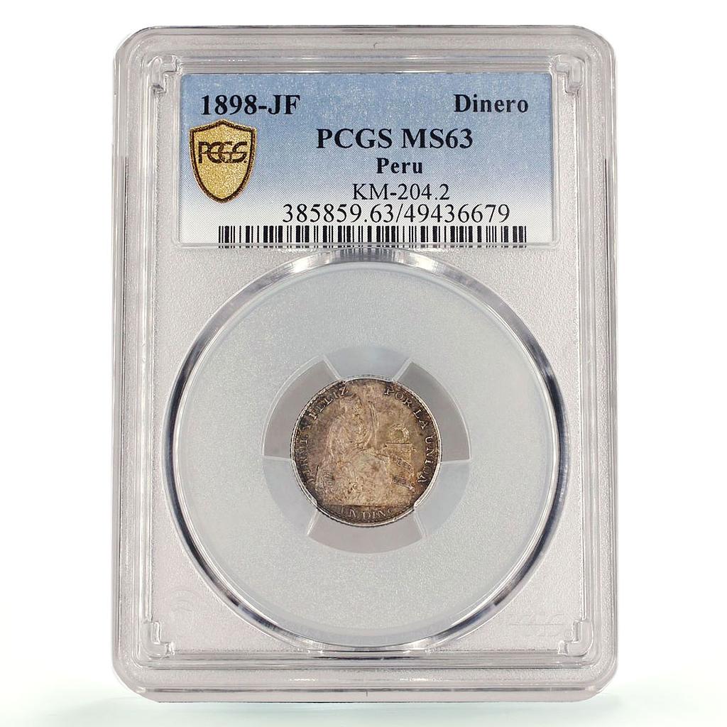 Peru 1 dinero Regular Coinage Seated Liberty KM-204.2 MS63 PCGS silver coin 1898