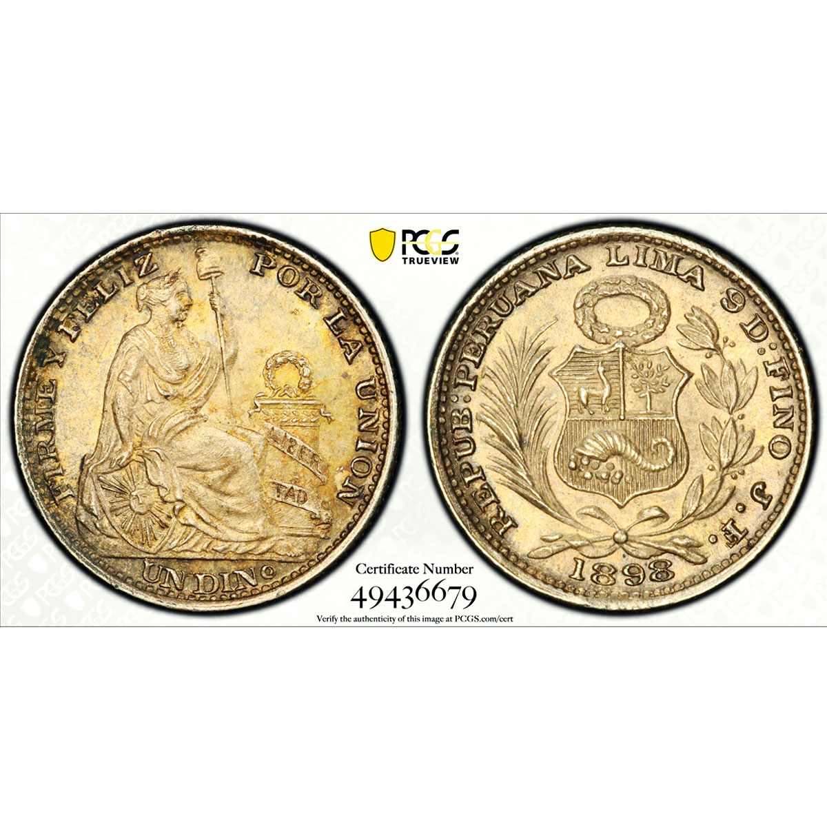 Peru 1 dinero Regular Coinage Seated Liberty KM-204.2 MS63 PCGS silver coin 1898