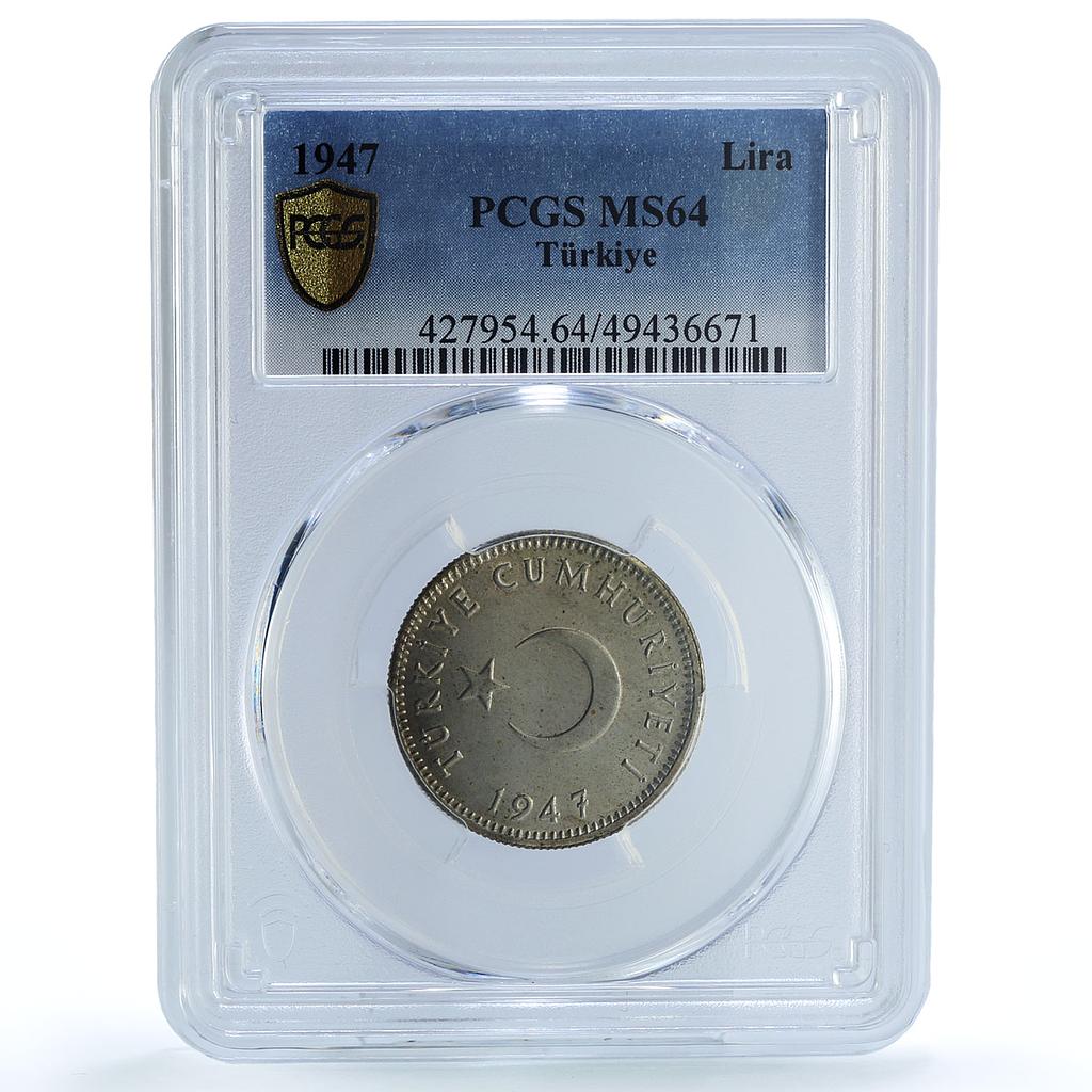 Turkey 1 lira Republic Coinage Crescent Star KM-883 MS64 PCGS silver coin 1947 Turkey 1 lira Republic Coinage Crescent Star KM-883 MS64 PCGS silver coin 1947