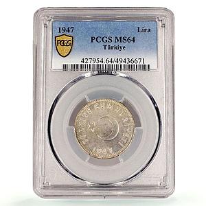 Turkey 1 lira Republic Coinage Crescent Star KM-883 MS64 PCGS silver coin 1947
