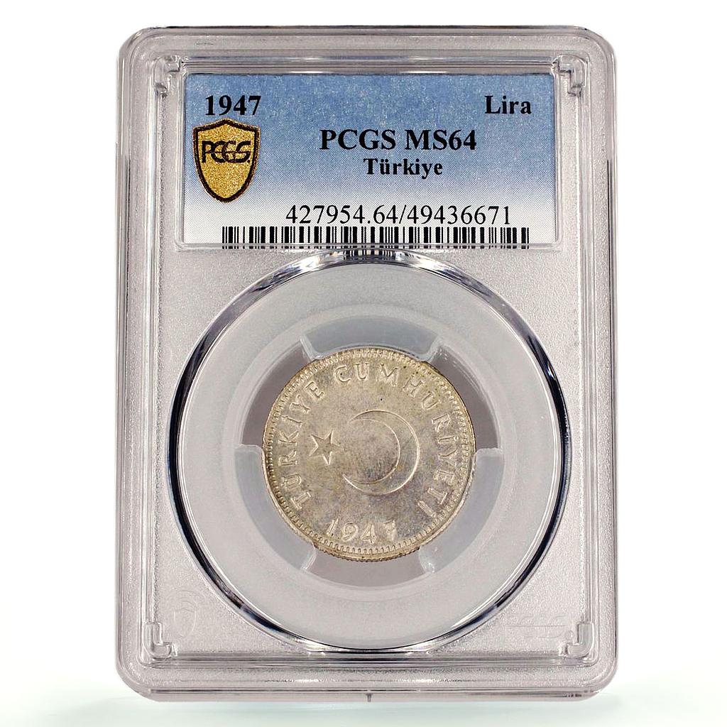 Turkey 1 lira Republic Coinage Crescent Star KM-883 MS64 PCGS silver coin 1947