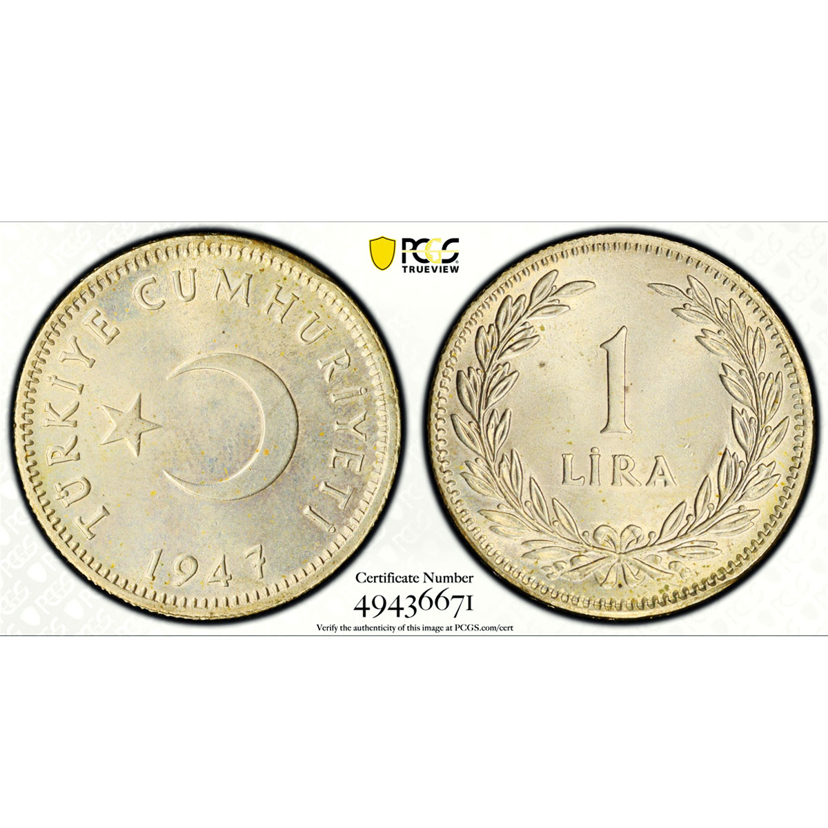 Turkiye 1 lira Republic Coinage Crescent Star KM-883 MS64 PCGS silver coin 1947