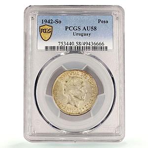 Uruguay 1 peso Oriental Artigas Cougar Puma KM-30 AU58 PCGS silver coin 1942