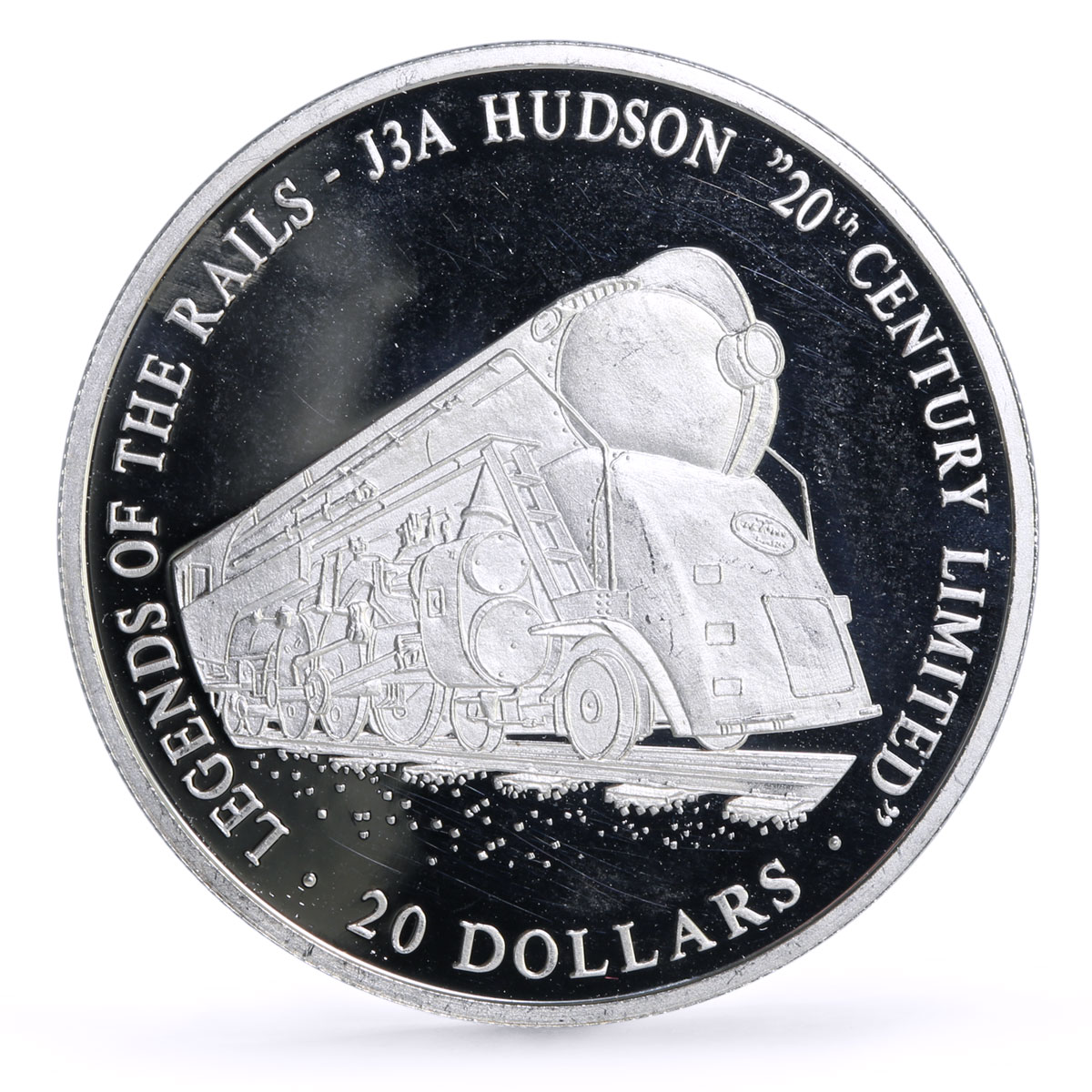 Liberia 20 dollars Railways Railroads Trains J3A Hudson proof silver coin 2002