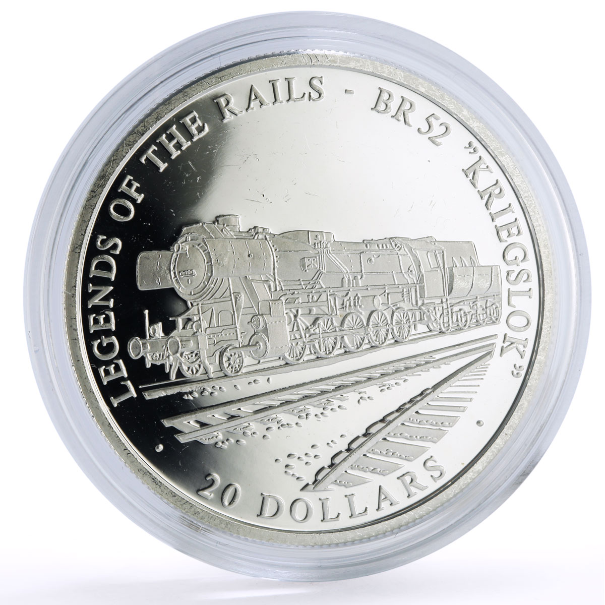 Liberia 20 dollars Railways Railroads Trains Kreigslok proof silver coin 2002