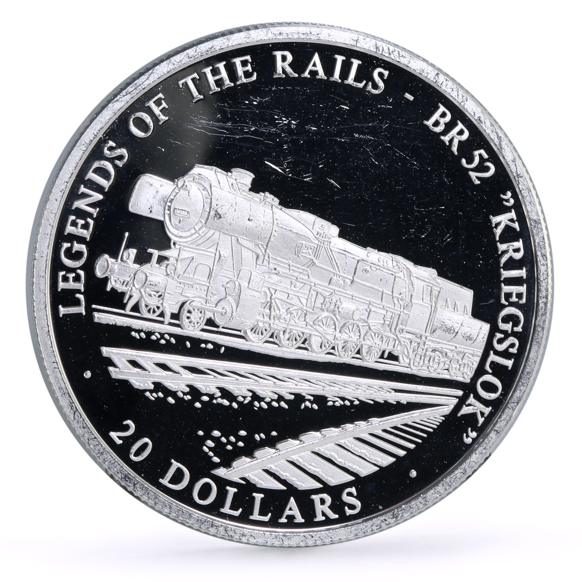 Liberia 20 dollars Railways Railroads Trains Kreigslok proof silver coin 2002