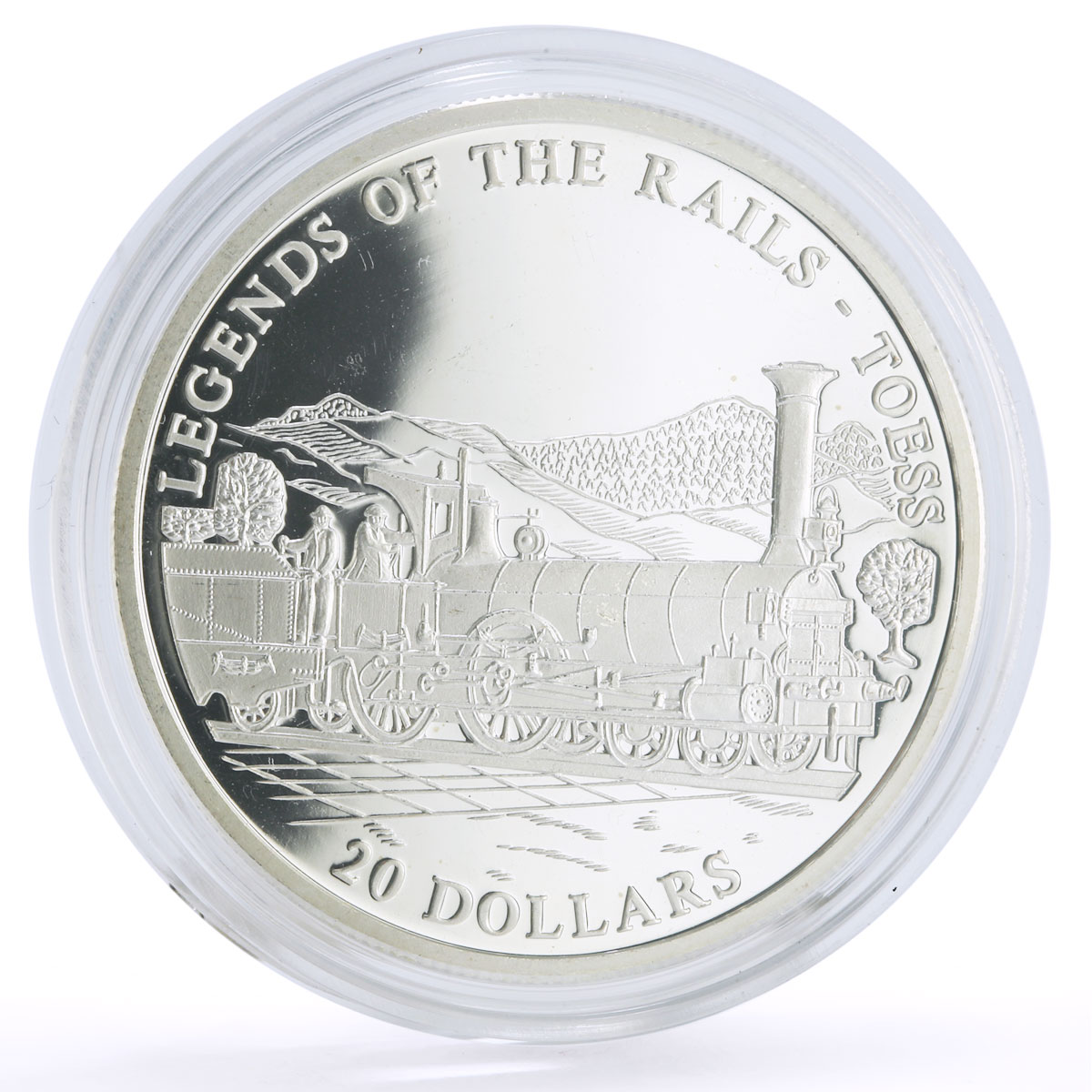 Liberia 20 dollars Railways Railroads Trains Toess proof silver coin 2002