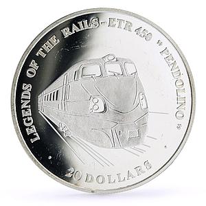 Liberia 20 dollars Railways Railroads Trains Pendolino proof silver coin 2003