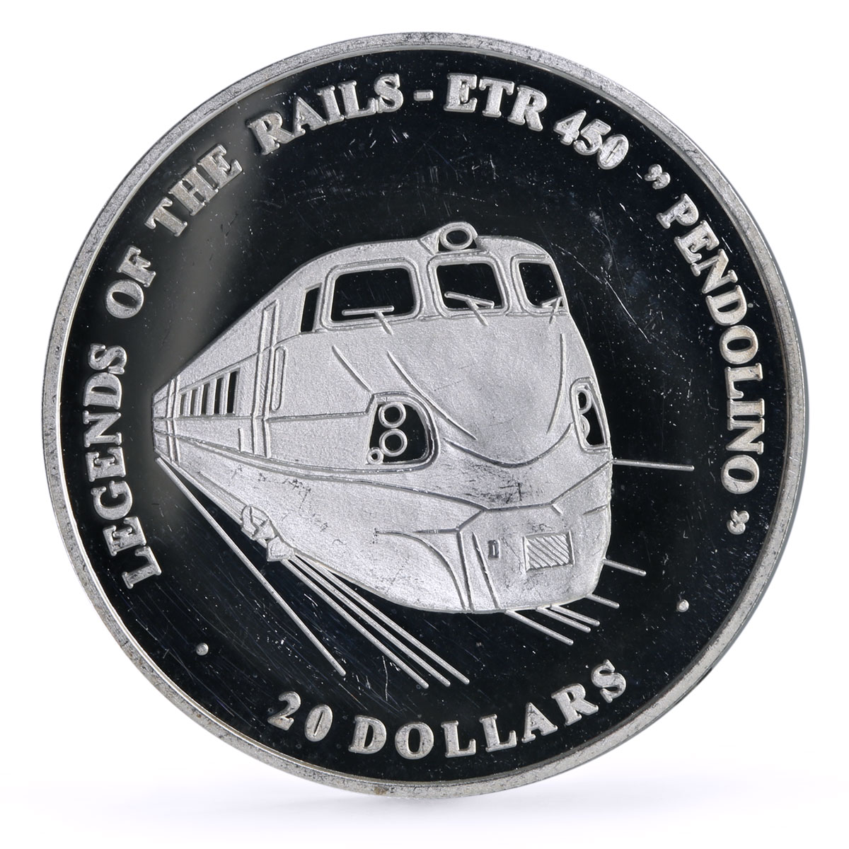 Liberia 20 dollars Railways Railroads Trains Pendolino proof silver coin 2003