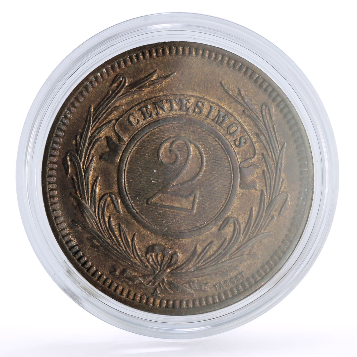 Uruguay 2 centesimos Oriental Regular Coinage Sun Paris Mint bronze coin 1869