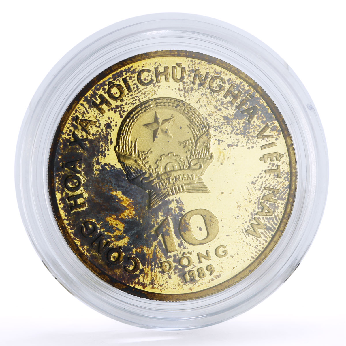 Vietnam 10 dong Ho Chi Minh Centennial Pagoda Temple proof brass coin 1989